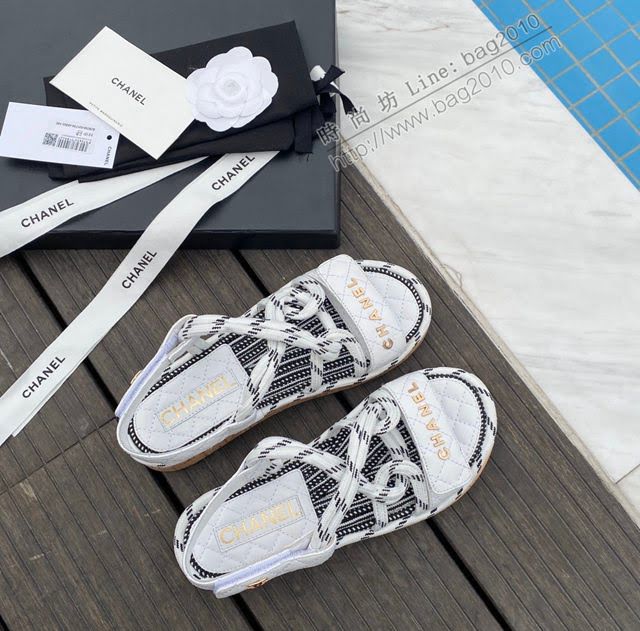Chanel女鞋 香奈兒2020夏日新款草繩魔術貼涼鞋 Chanel女款休閒涼鞋  naq1253